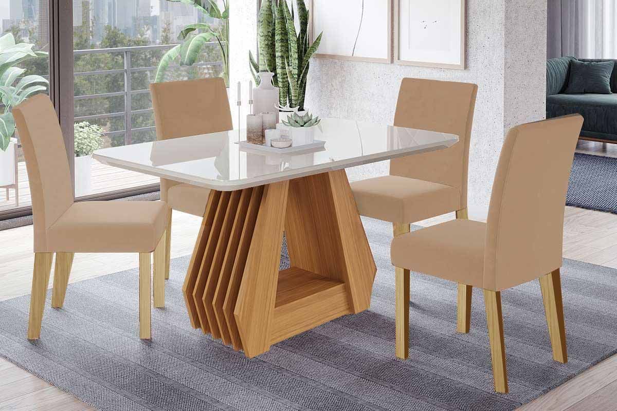 Sala Jantar Mesa Ágata Tampo Madeirado c/ Vidro 130x80cm e 4 Cadeiras Maia - Cimol