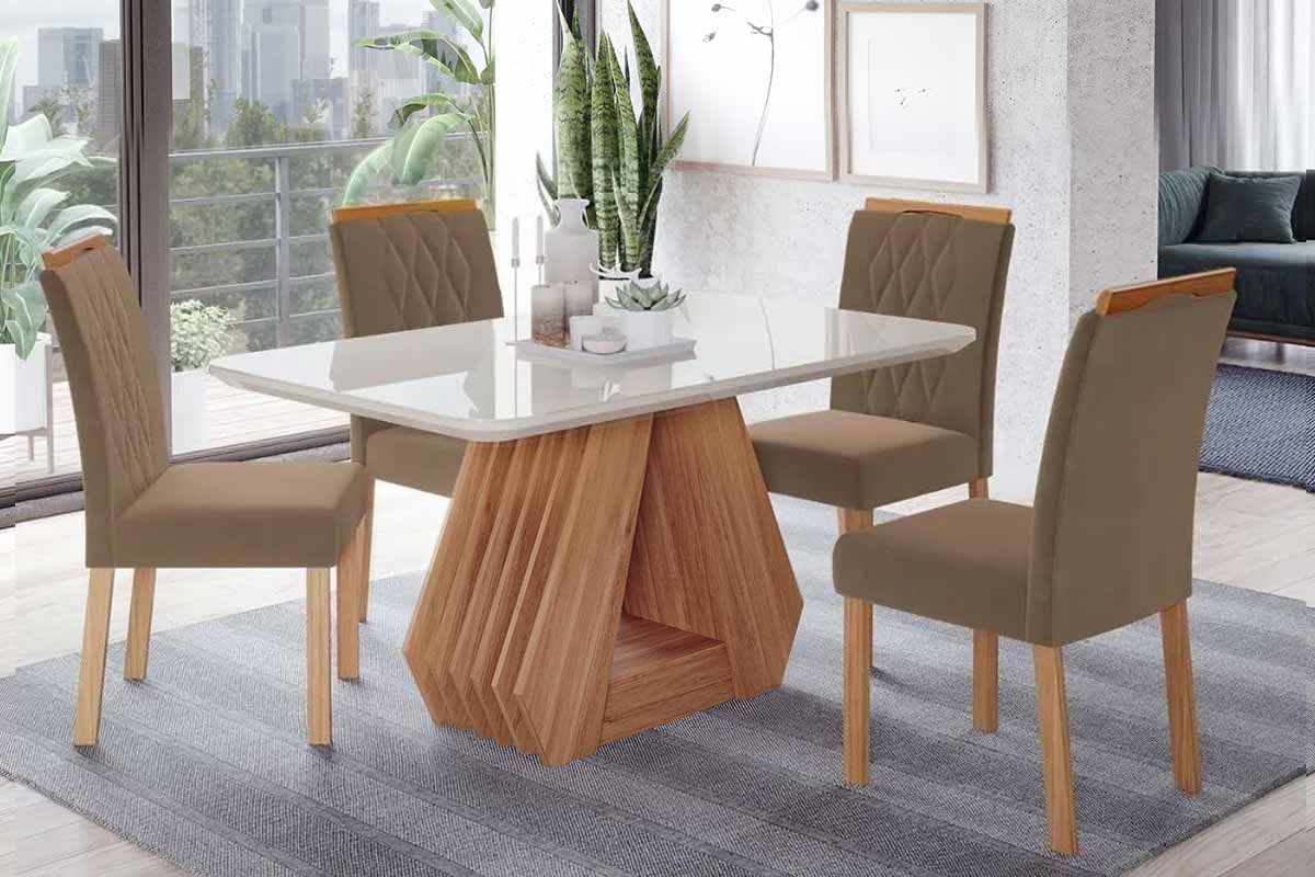 Sala Jantar Mesa Ágata Tampo Madeirado c/ Vidro 130x80cm e 4 Cadeiras Juliana - Cimol