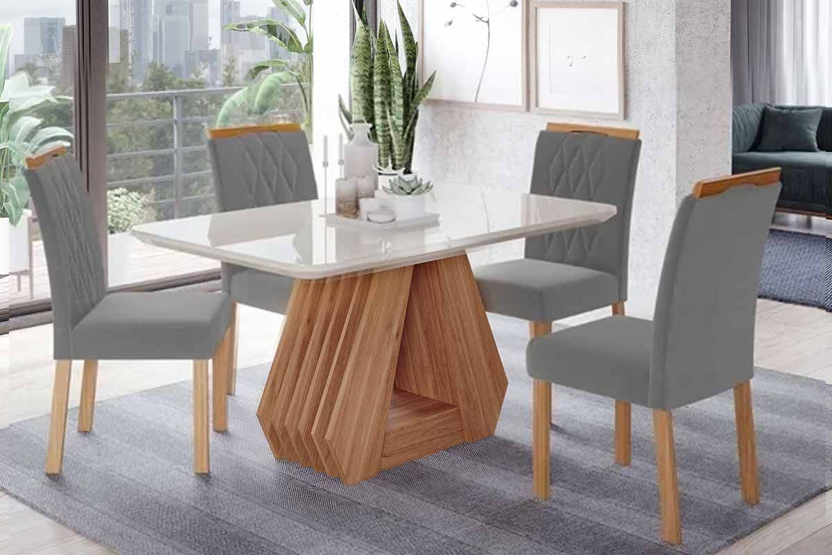 Sala Jantar Mesa Ágata Tampo Madeirado c/ Vidro 130x80cm e 4 Cadeiras Juliana - Cimol