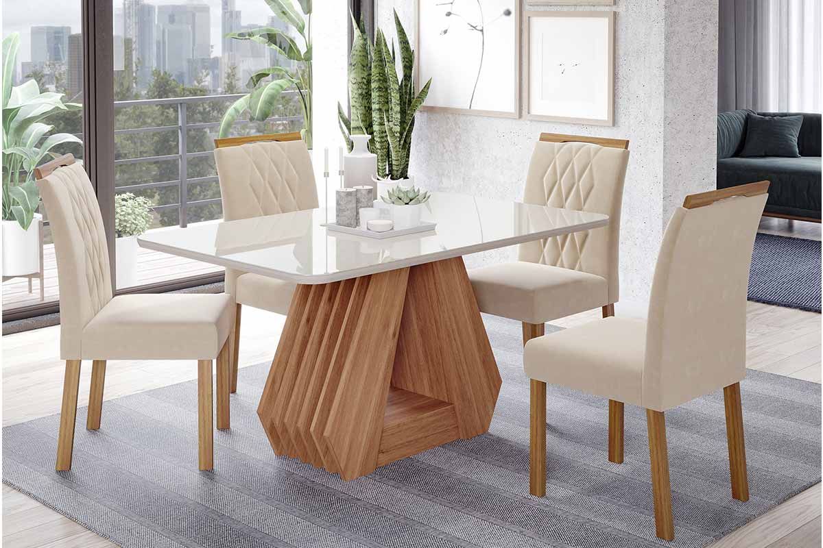 Sala Jantar Mesa Ágata Tampo Madeirado c/ Vidro 130x80cm e 4 Cadeiras Juliana - Cimol