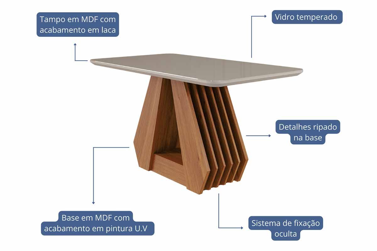 Sala Jantar Mesa Ágata Tampo Madeirado c/ Vidro 130x80cm e 4 Cadeiras Juliana - Cimol