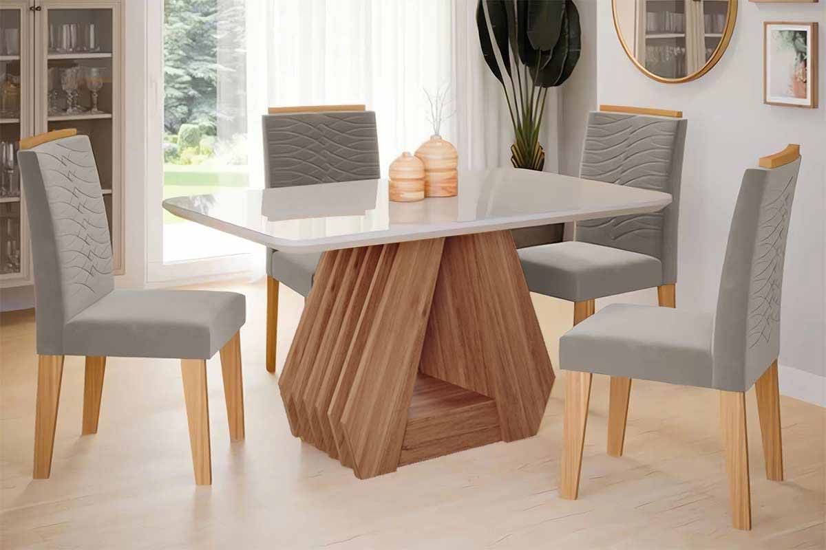 Sala Jantar Mesa Ágata Tampo Madeirado c/ Vidro 130x80cm e 4 Cadeiras Clarice - Cimol