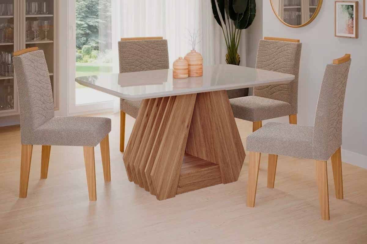 Sala Jantar Mesa Ágata Tampo Madeirado c/ Vidro 130x80cm e 4 Cadeiras Clarice - Cimol
