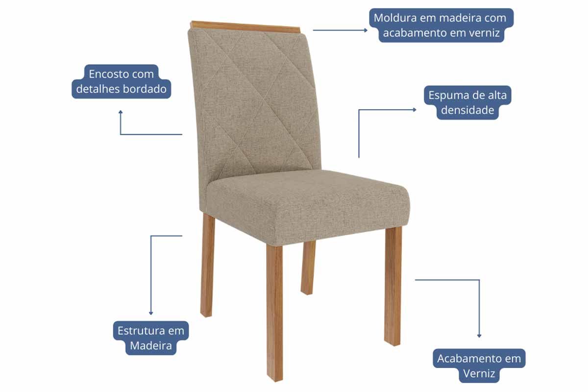 Sala Jantar Mesa Ágata Tampo Madeirado c/ Vidro 130x80cm e 4 Cadeiras Fernanda - Cimol