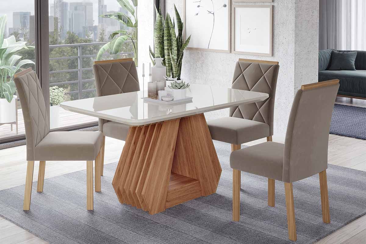 Sala Jantar Mesa Ágata Tampo Madeirado c/ Vidro 130x80cm e 4 Cadeiras Fernanda - Cimol