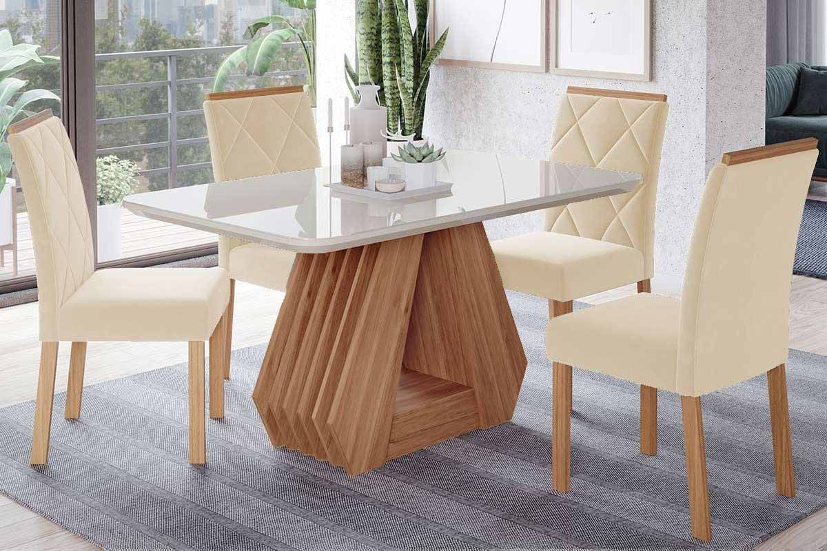 Sala Jantar Mesa Ágata Tampo Madeirado c/ Vidro 130x80cm e 4 Cadeiras Fernanda - Cimol