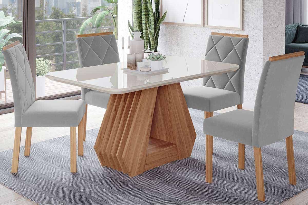 Sala Jantar Mesa Ágata Tampo Madeirado c/ Vidro 130x80cm e 4 Cadeiras Fernanda - Cimol