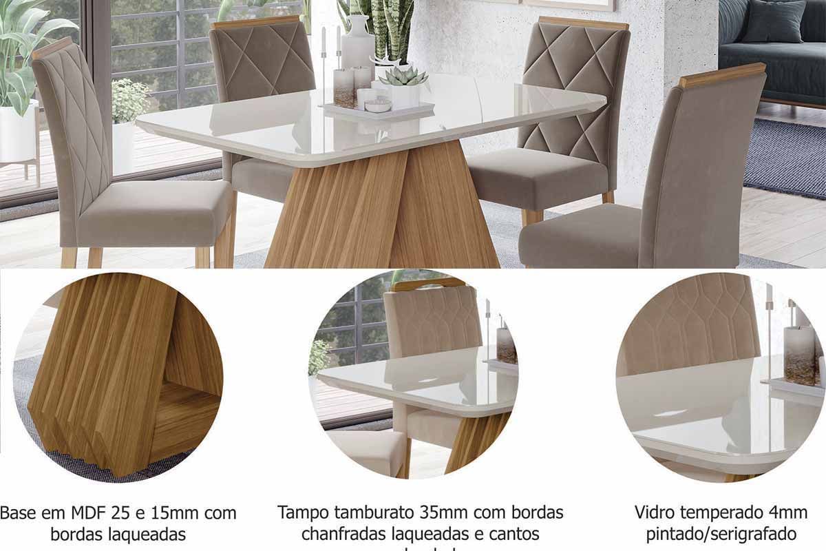 Sala Jantar Mesa Ágata Tampo Madeirado c/ Vidro 130x80cm e 4 Cadeiras Fernanda - Cimol