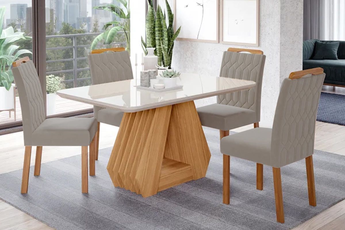Sala Jantar Mesa Ágata c/ Tampo Madeirado c/ Vidro 130x80cm + 4 Cadeiras Paola Wood - Cimol