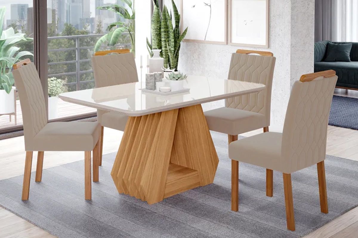 Sala Jantar Mesa Ágata c/ Tampo Madeirado c/ Vidro 130x80cm + 4 Cadeiras Paola Wood - Cimol