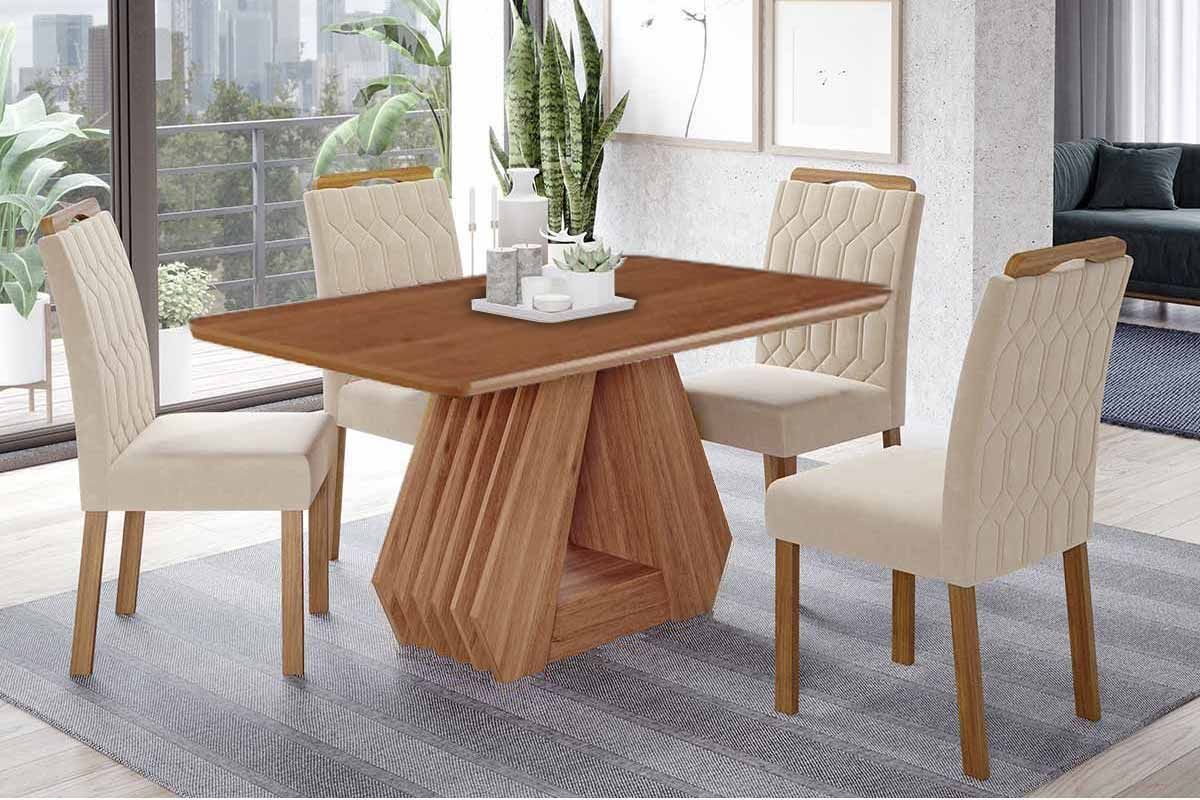 Sala Jantar Mesa Ágata Tampo Madeirado 130x80cm e 4 Cadeiras Paola - Cimol