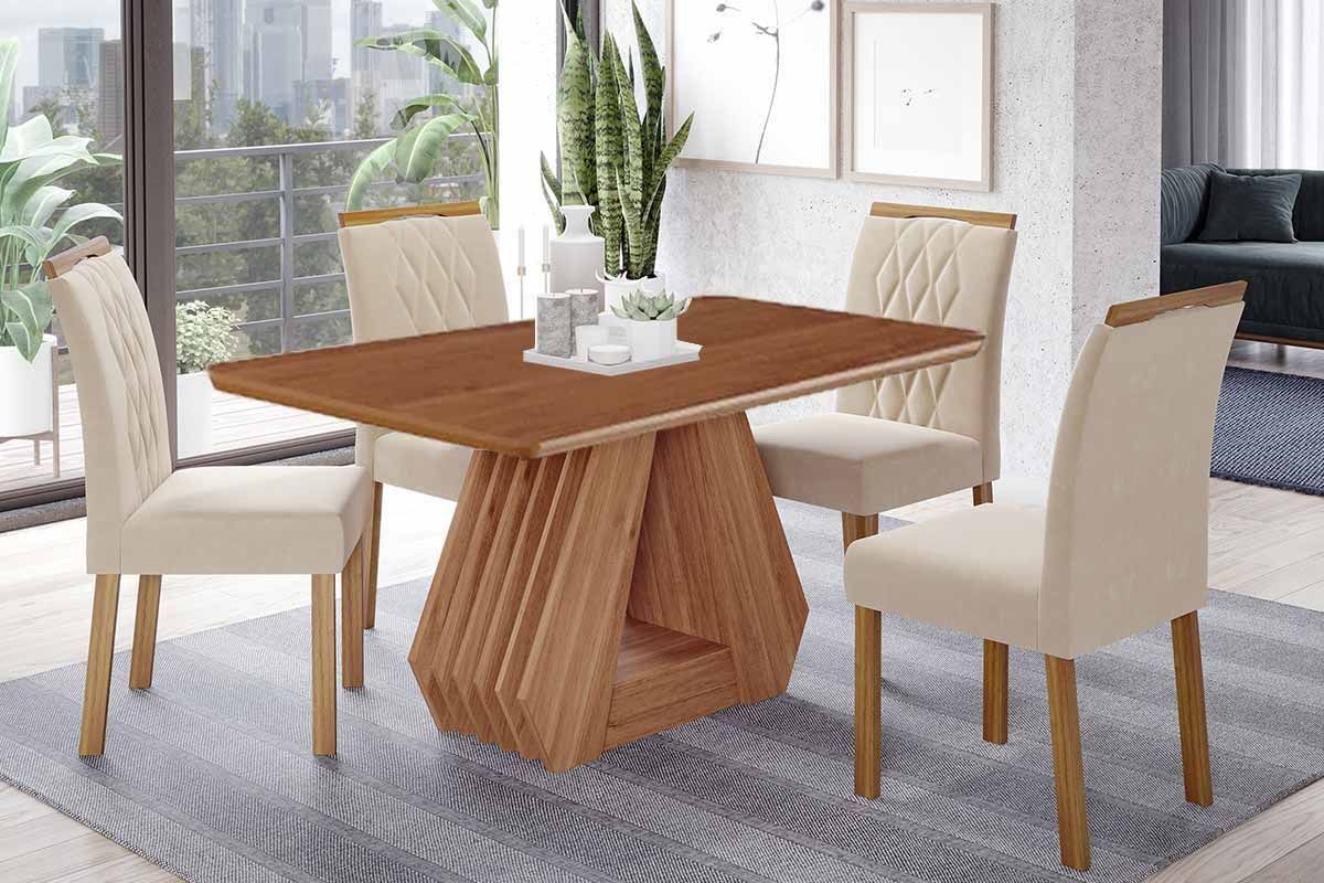 Sala Jantar Mesa Ágata Tampo Madeirado 130x80cm e 4 Cadeiras Juliana - Cimol