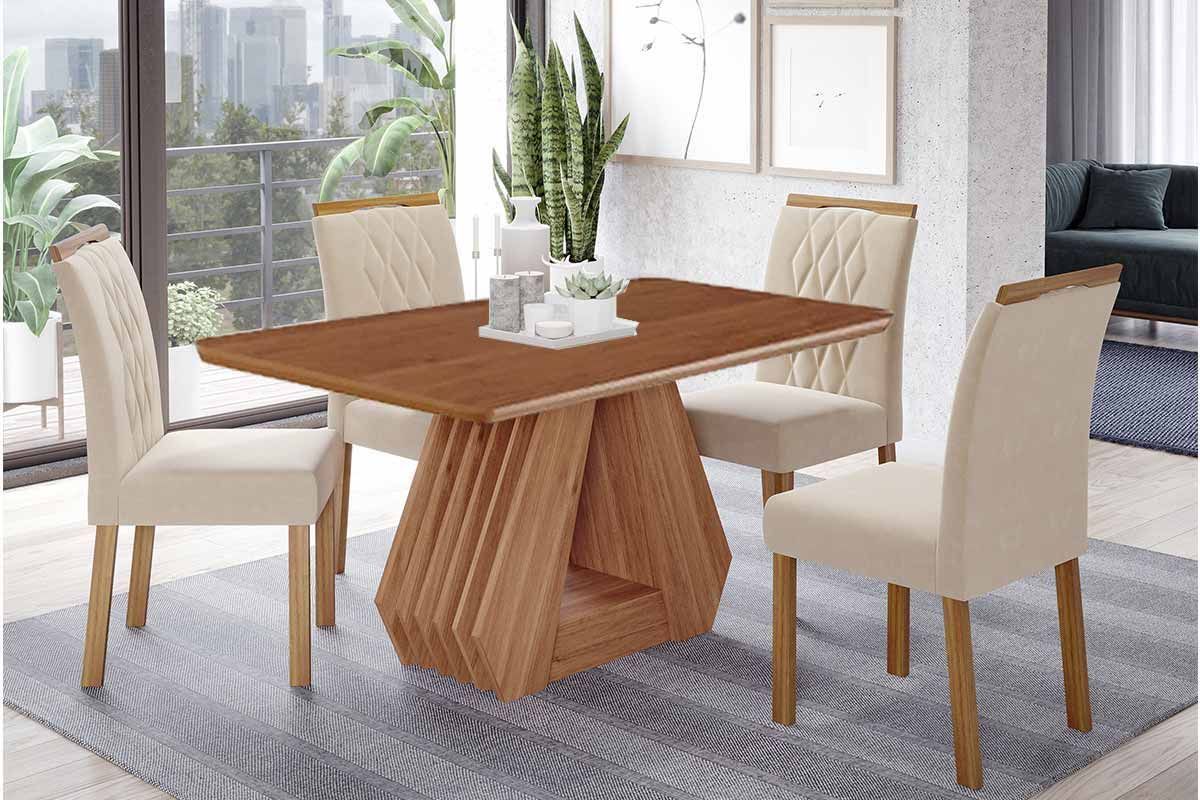 Sala Jantar Mesa Ágata Tampo Madeirado 130x80cm e 4 Cadeiras Juliana - Cimol