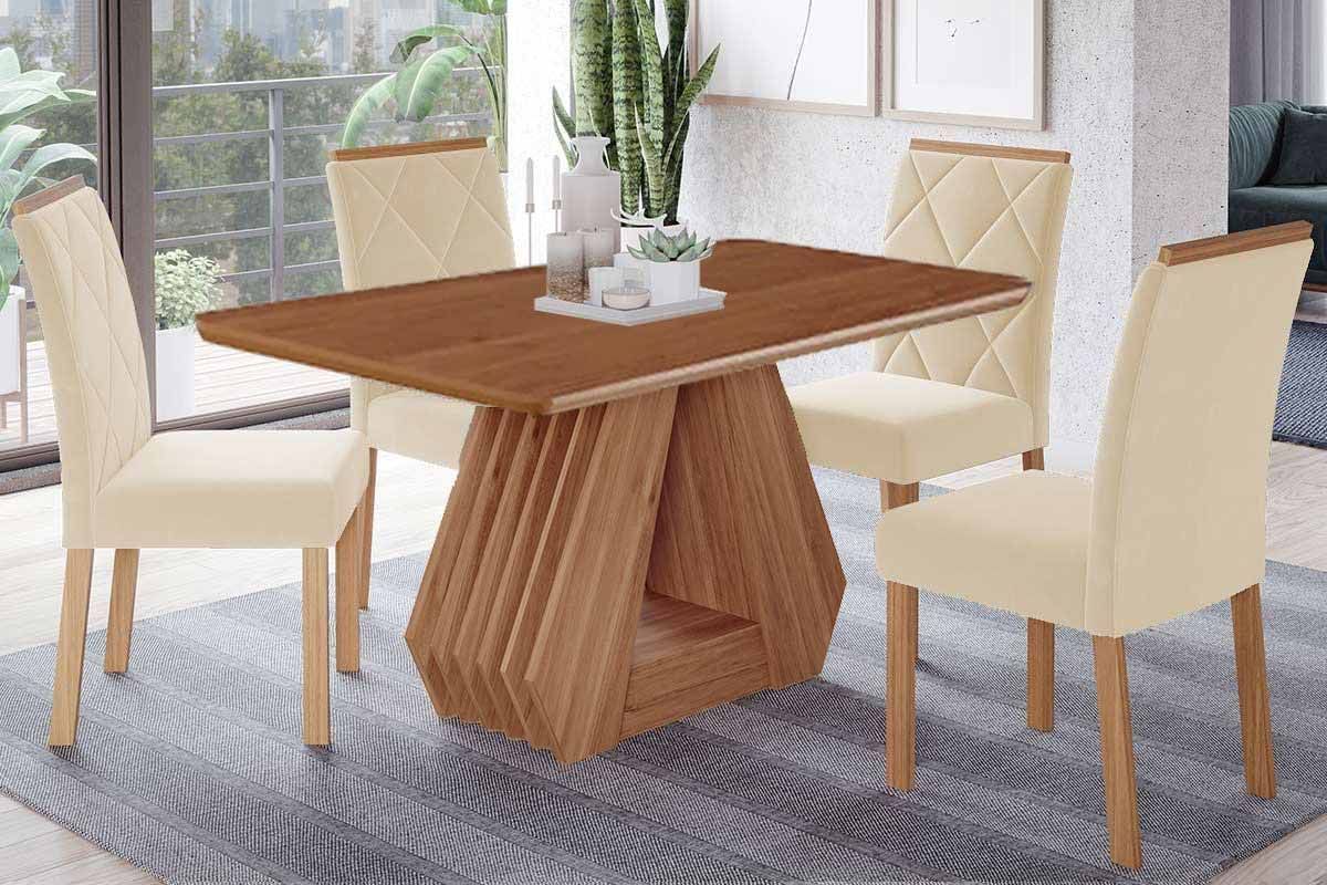 Sala Jantar Mesa Ágata Tampo Madeirado 130x80cm e 4 Cadeiras Fernanda - Cimol