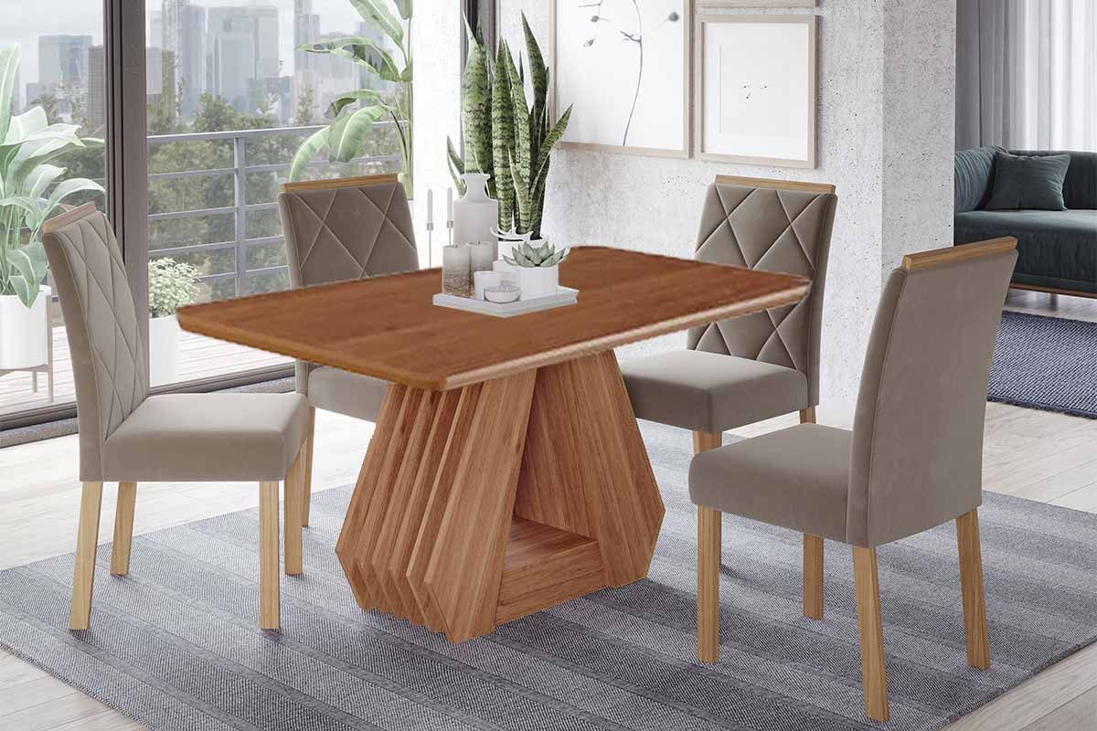 Sala Jantar Mesa Ágata Tampo Madeirado 130x80cm e 4 Cadeiras Fernanda - Cimol