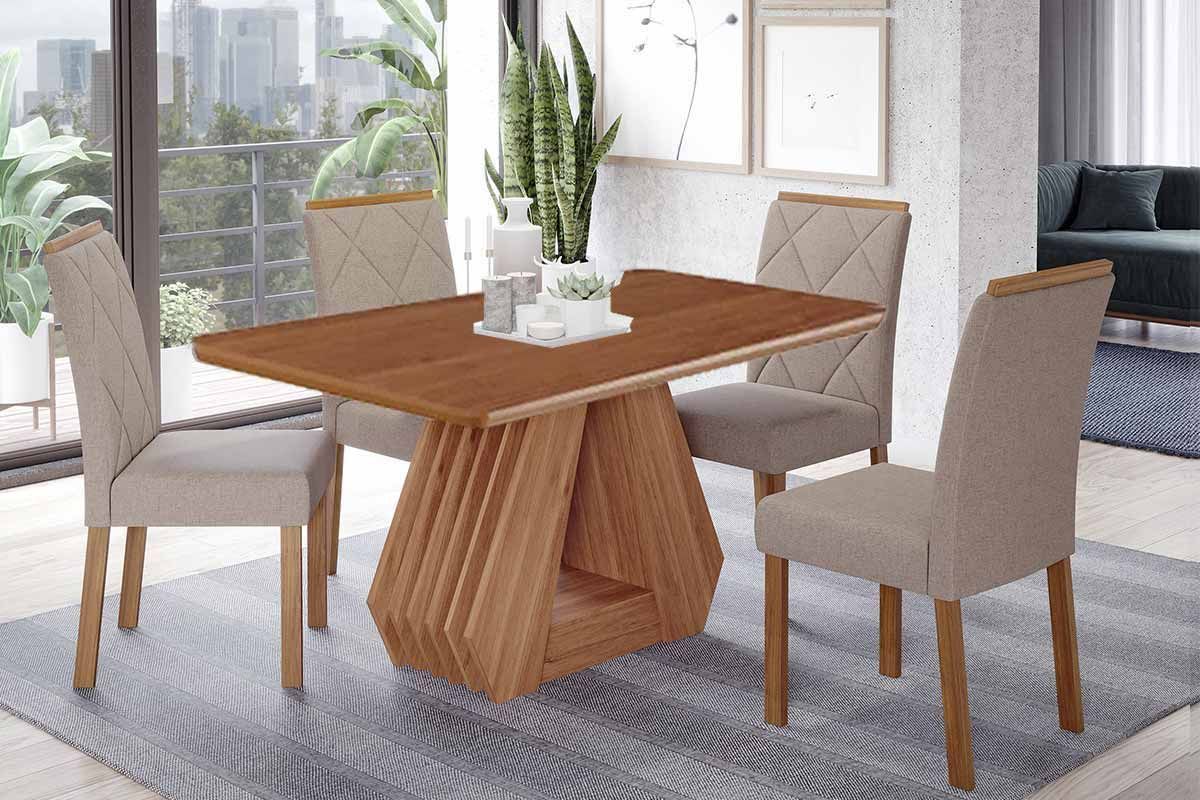 Sala Jantar Mesa Ágata Tampo Madeirado 130x80cm e 4 Cadeiras Fernanda - Cimol