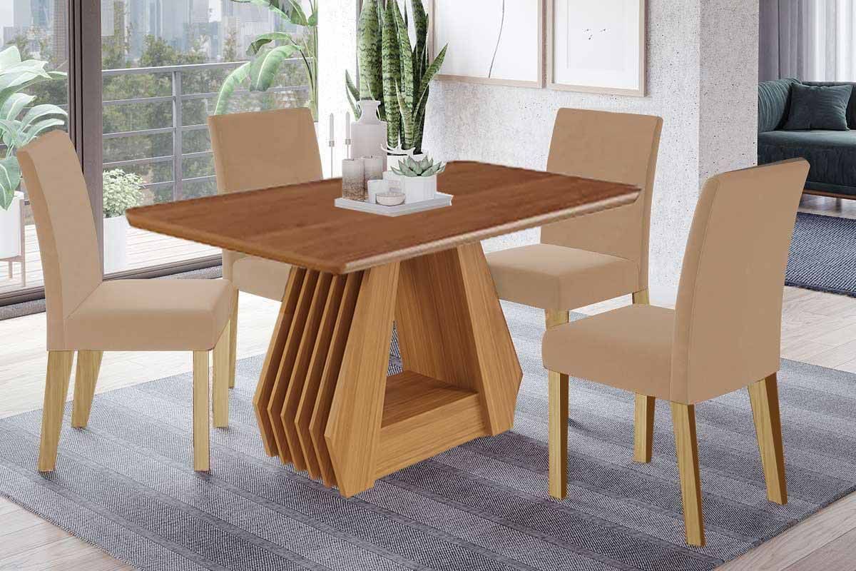 Sala Jantar Mesa Ágata Tampo Madeirado 130x80cm e 4 Cadeiras Maia - Cimol