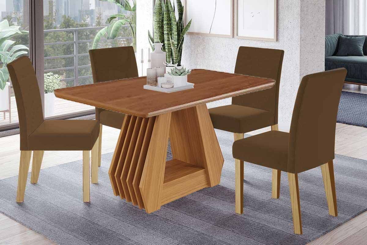 Sala Jantar Mesa Ágata Tampo Madeirado 130x80cm e 4 Cadeiras Maia - Cimol