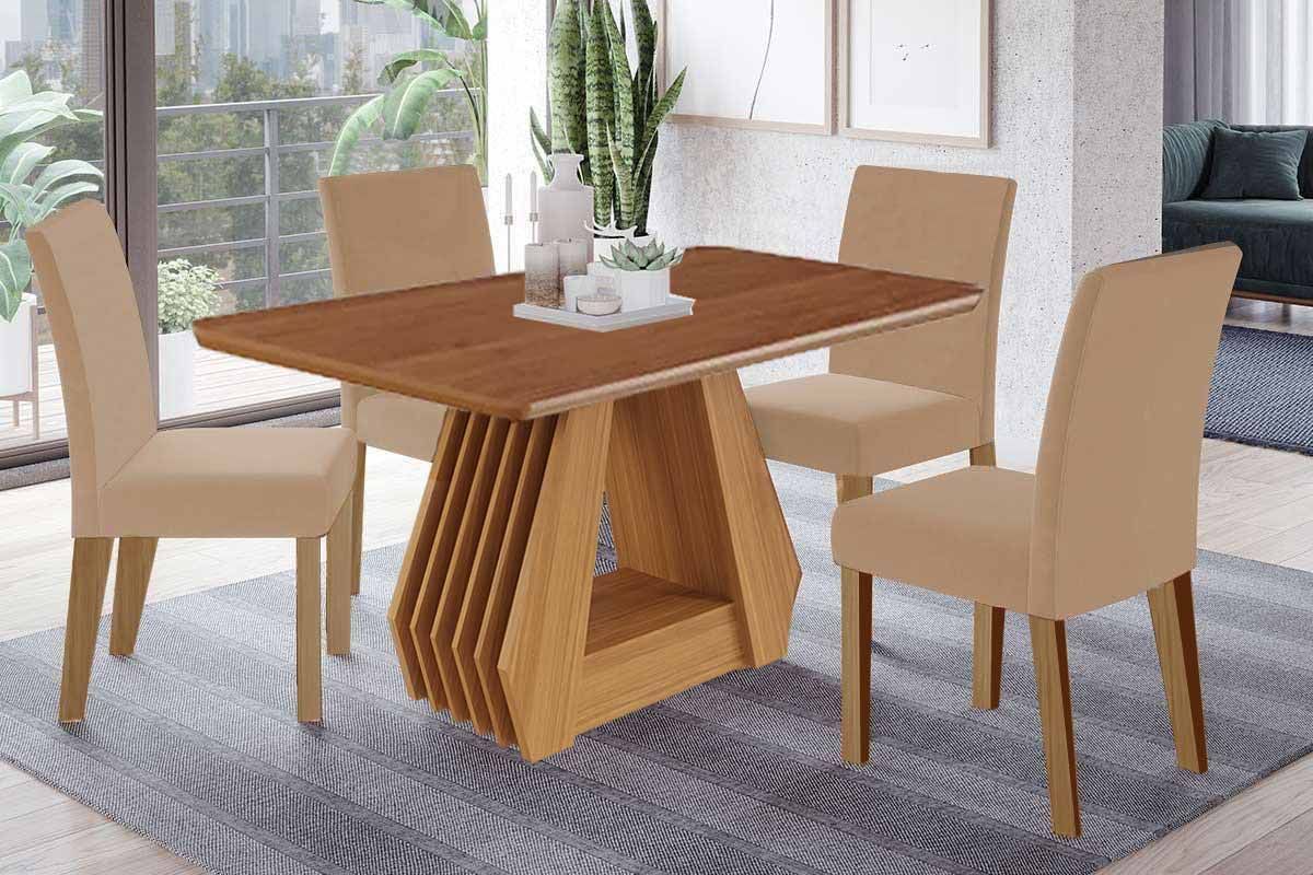 Sala Jantar Mesa Ágata Tampo Madeirado 130x80cm e 4 Cadeiras Maia - Cimol