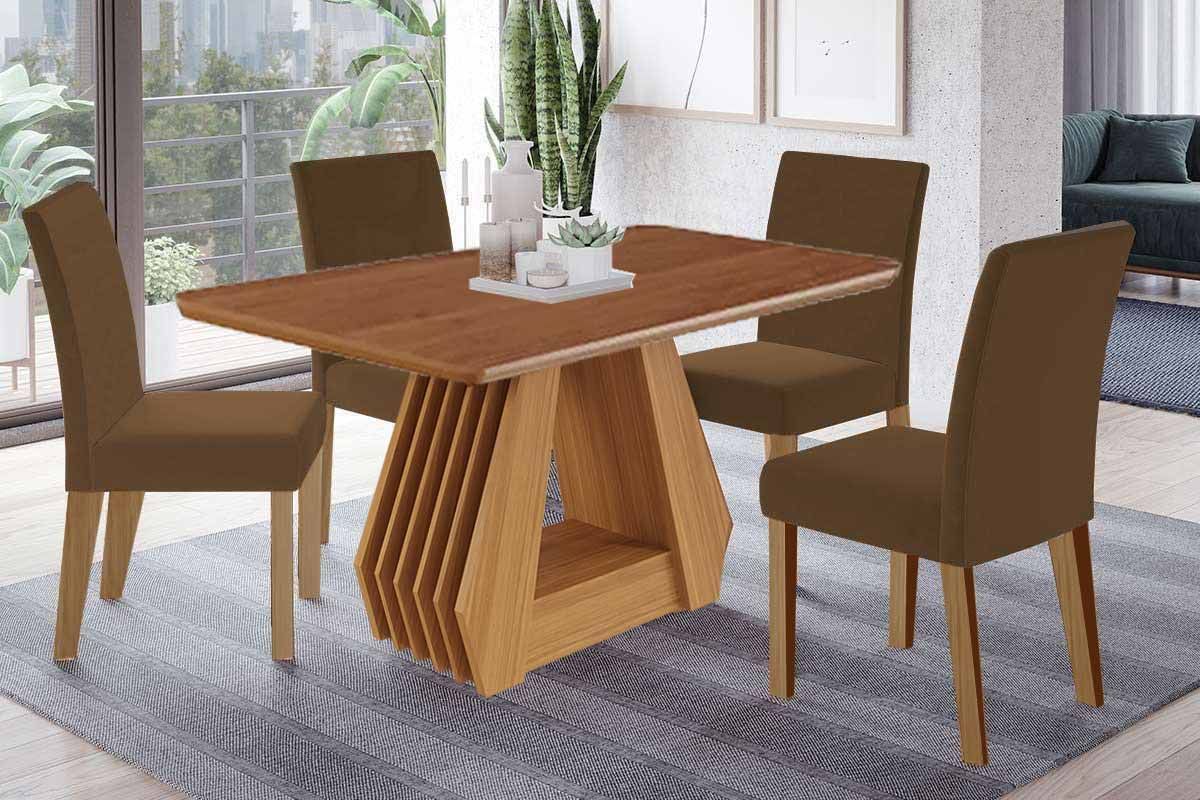 Sala Jantar Mesa Ágata Tampo Madeirado 130x80cm e 4 Cadeiras Maia - Cimol