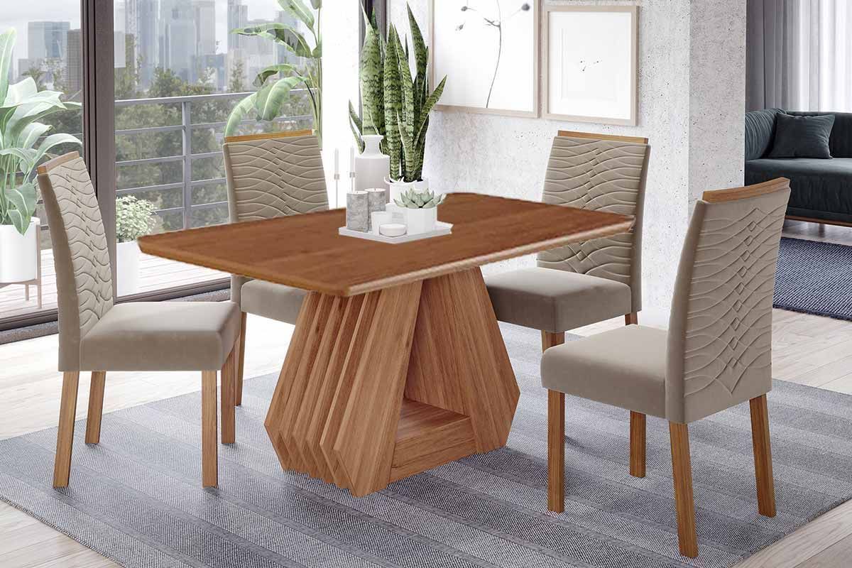 Sala Jantar Mesa Ágata Tampo Madeirado 130x80cm e 4 Cadeiras Clarice - Cimol