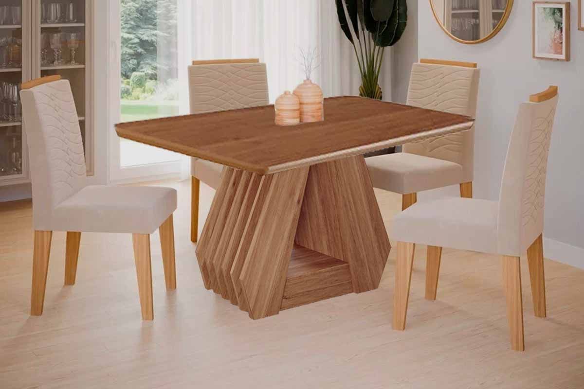 Sala Jantar Mesa Ágata Tampo Madeirado 130x80cm e 4 Cadeiras Clarice - Cimol
