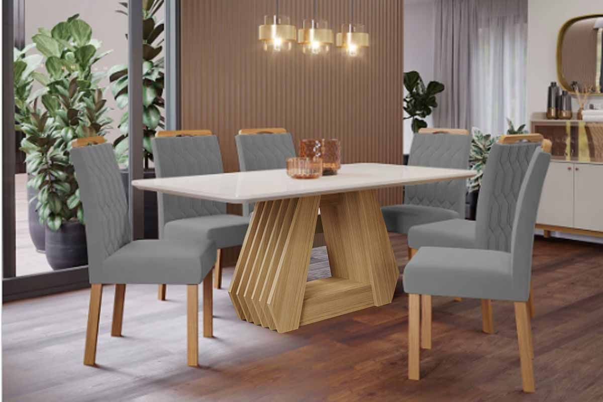 Sala Jantar Mesa Ágata Tampo Madeirado c/ Vidro 180x90cm e 6 Cadeiras Paola - Cimol