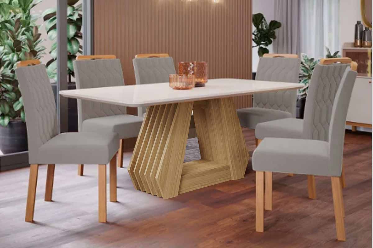 Sala Jantar Mesa Ágata Tampo Madeirado c/ Vidro 180x90cm e 6 Cadeiras Paola - Cimol