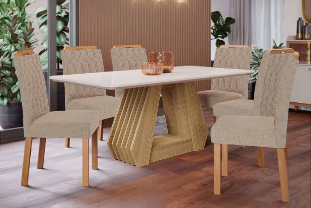 Sala Jantar Mesa Ágata Tampo Madeirado c/ Vidro 180x90cm e 6 Cadeiras Paola - Cimol
