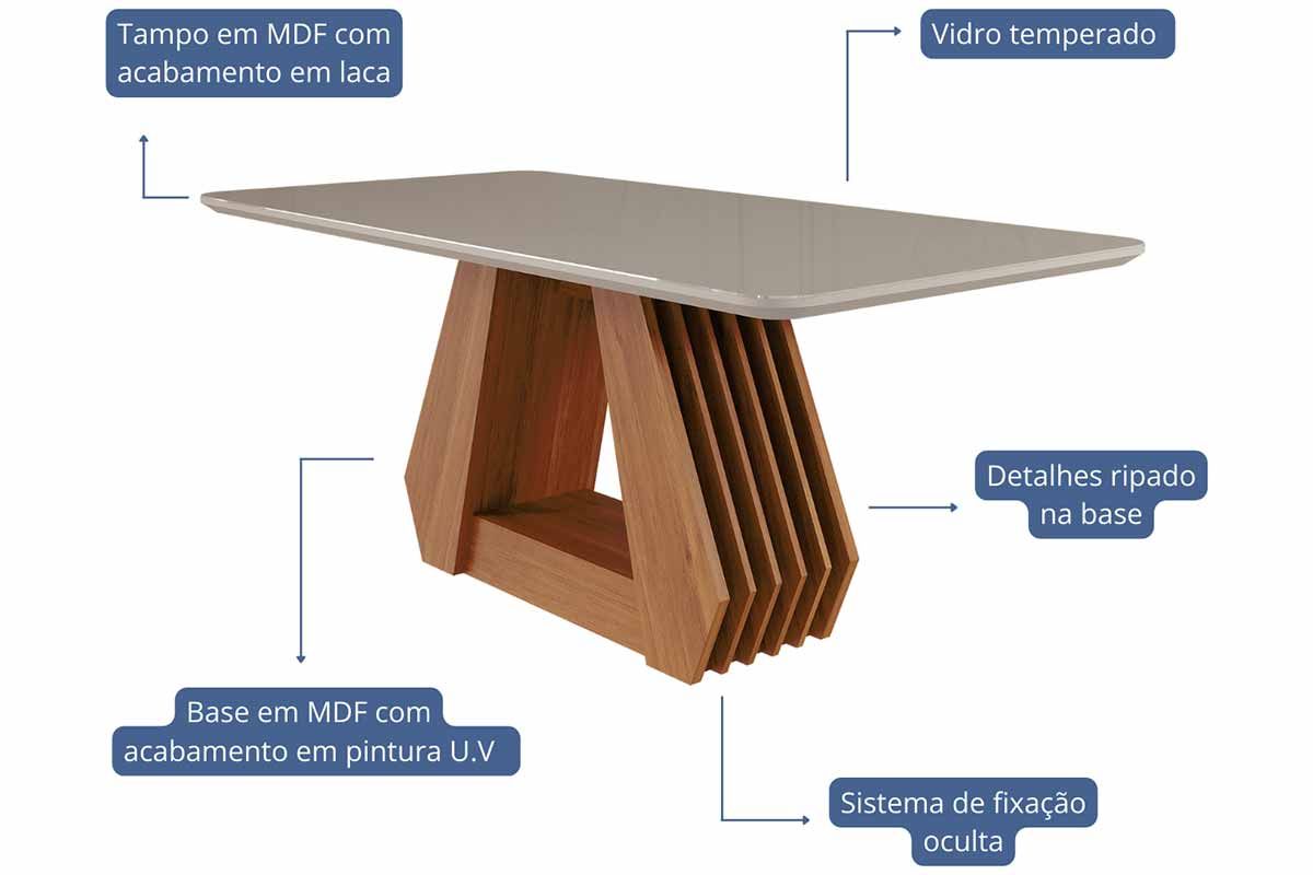 Sala Jantar Mesa Ágata Tampo Madeirado c/ Vidro 180x90cm e 6 Cadeiras Paola - Cimol
