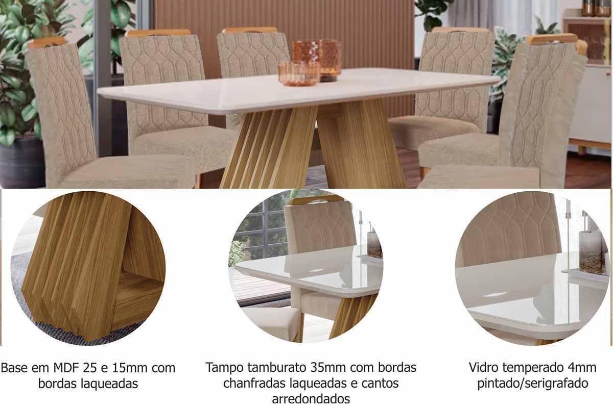 Sala Jantar Mesa Ágata Tampo Madeirado c/ Vidro 180x90cm e 6 Cadeiras Juliana - Cimol