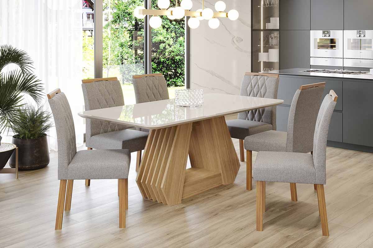 Sala Jantar Mesa Ágata Tampo Madeirado c/ Vidro 180x90cm e 6 Cadeiras Juliana - Cimol
