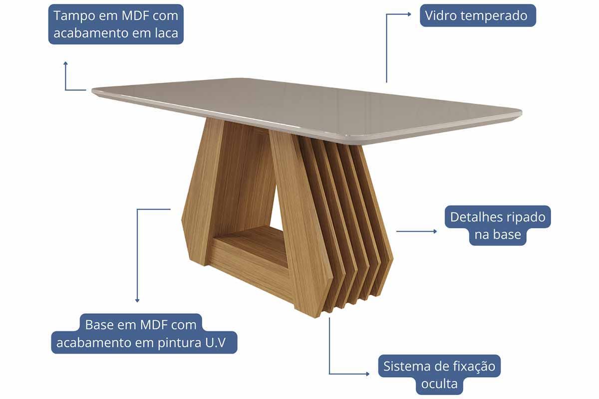 Sala Jantar Mesa Ágata Tampo Madeirado c/ Vidro 180x90cm e 6 Cadeiras Juliana - Cimol