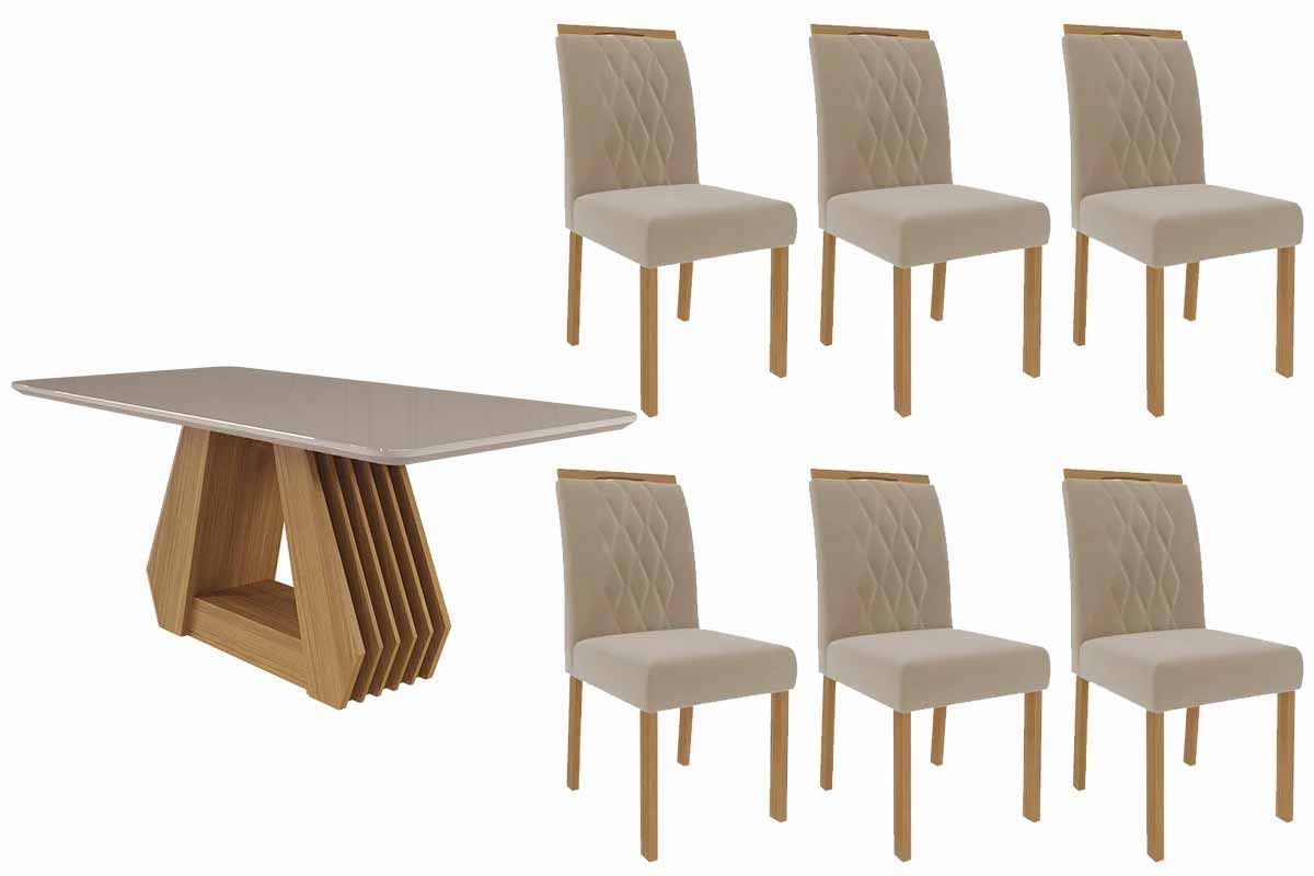 Sala Jantar Mesa Ágata Tampo Madeirado c/ Vidro 180x90cm e 6 Cadeiras Juliana - Cimol