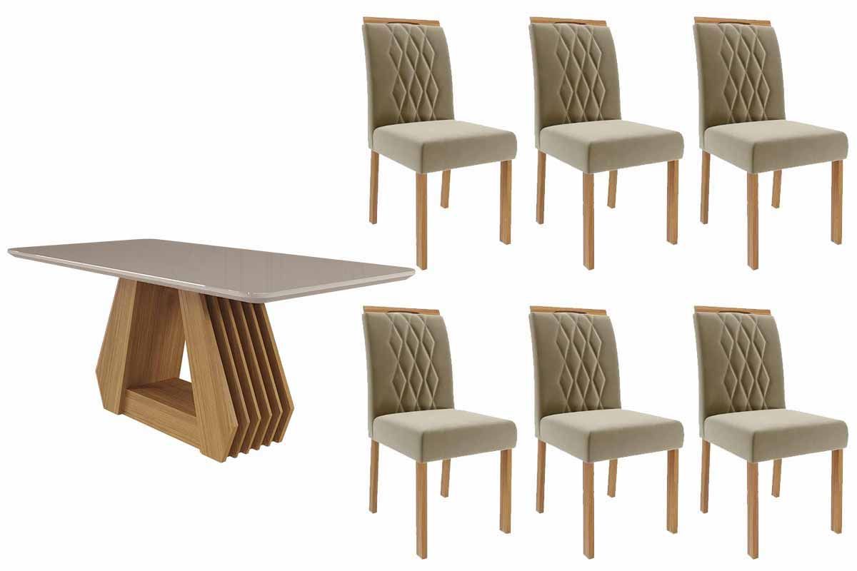 Sala Jantar Mesa Ágata Tampo Madeirado c/ Vidro 180x90cm e 6 Cadeiras Juliana - Cimol