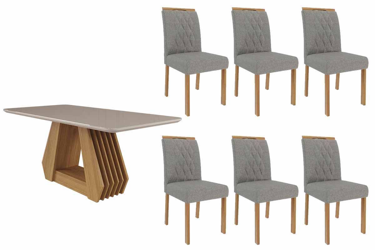 Sala Jantar Mesa Ágata Tampo Madeirado c/ Vidro 180x90cm e 6 Cadeiras Juliana - Cimol
