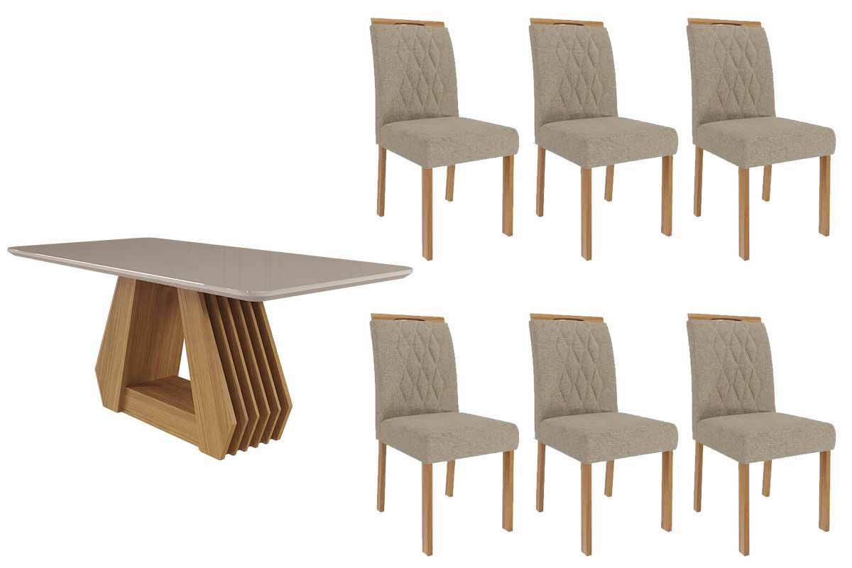 Sala Jantar Mesa Ágata Tampo Madeirado c/ Vidro 180x90cm e 6 Cadeiras Juliana - Cimol