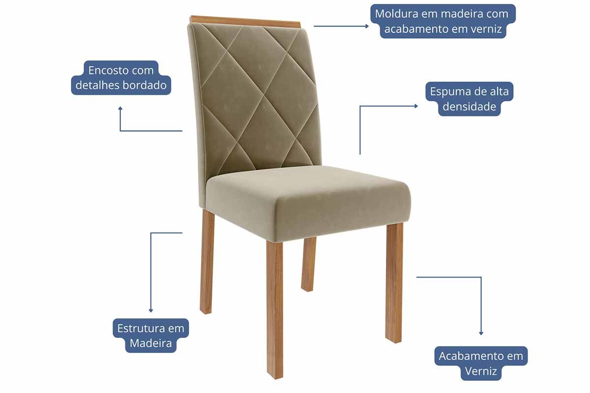 Sala Jantar Mesa Ágata Tampo Madeirado c/ Vidro 180x90cm e 6 Cadeiras Fernanda - Cimol
