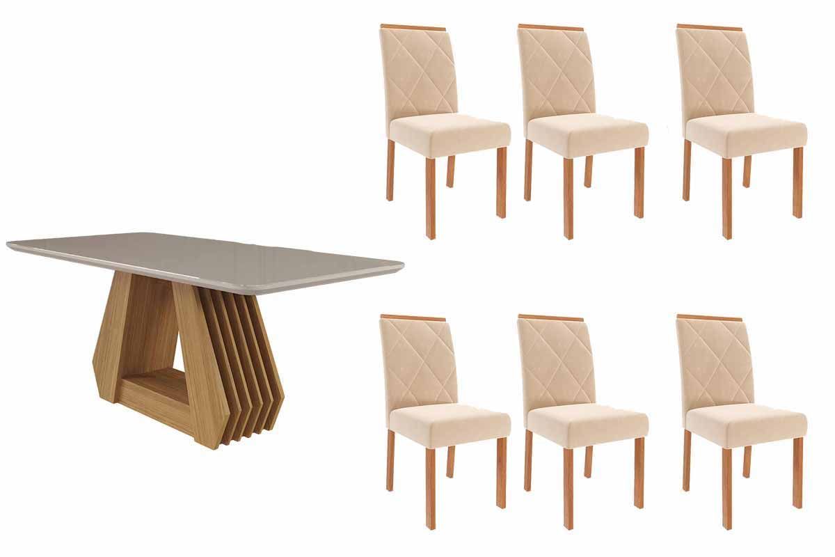 Sala Jantar Mesa Ágata Tampo Madeirado c/ Vidro 180x90cm e 6 Cadeiras Fernanda - Cimol