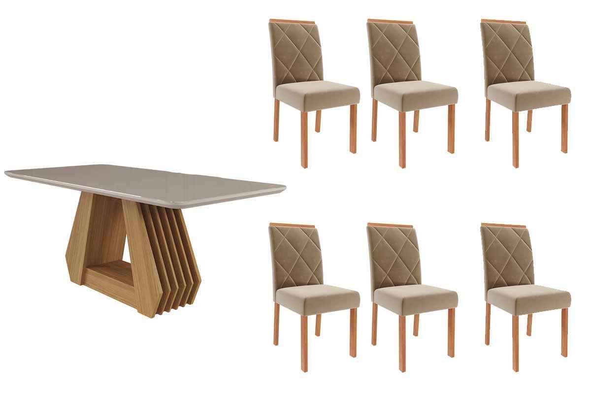 Sala Jantar Mesa Ágata Tampo Madeirado c/ Vidro 180x90cm e 6 Cadeiras Fernanda - Cimol