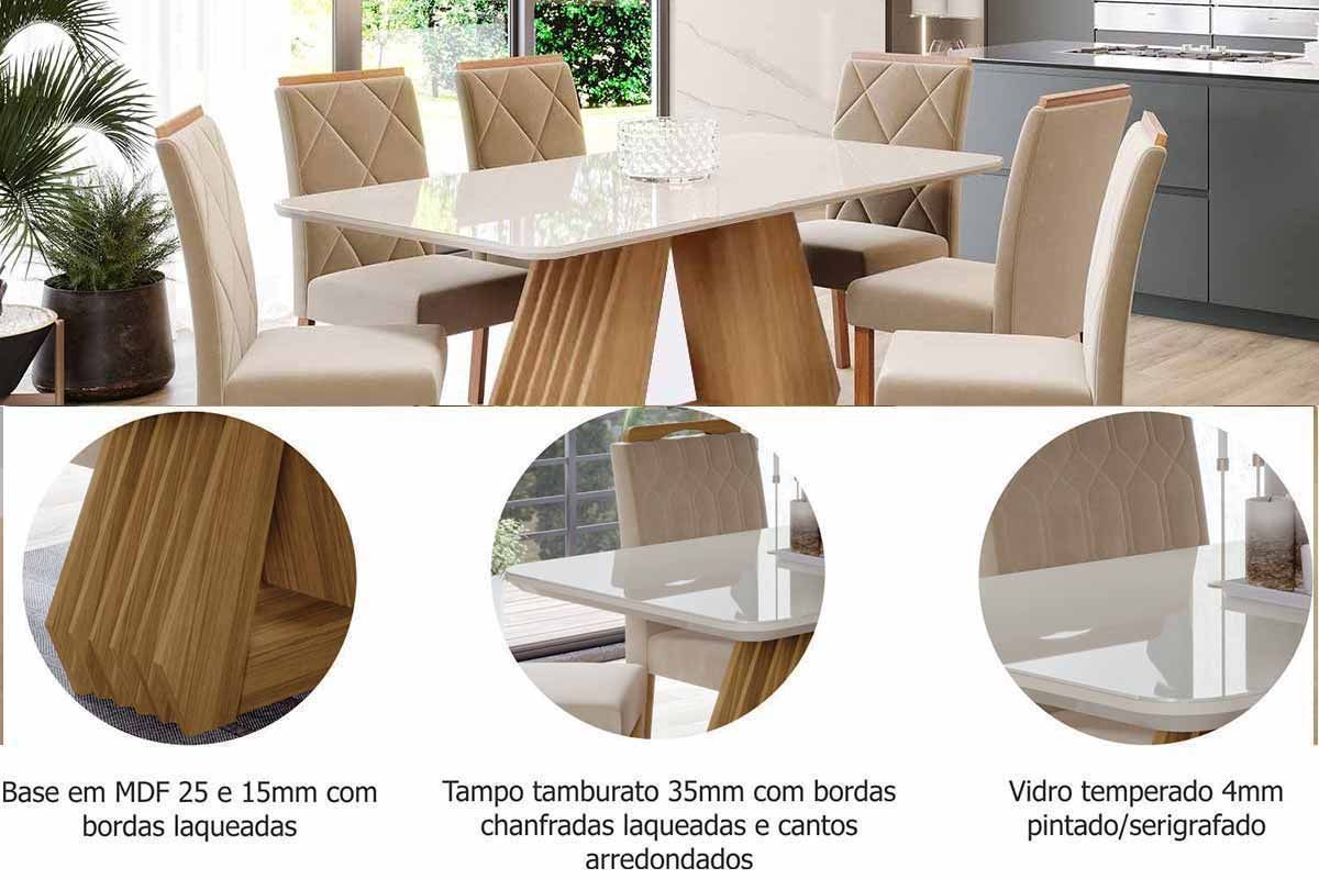 Sala Jantar Mesa Ágata Tampo Madeirado c/ Vidro 180x90cm e 6 Cadeiras Fernanda - Cimol