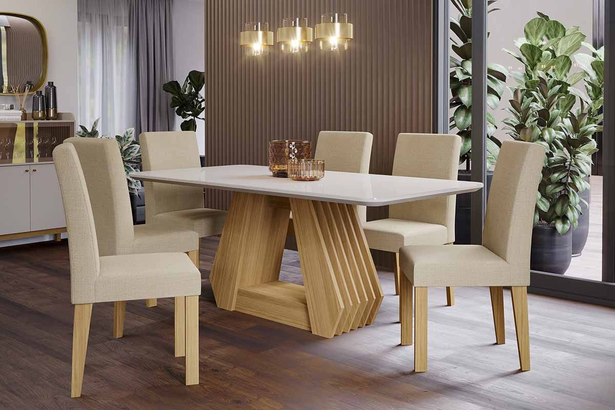 Sala Jantar Mesa Ágata Tampo Madeirado c/ Vidro 180x90cm e 6 Cadeiras Maia - Cimol