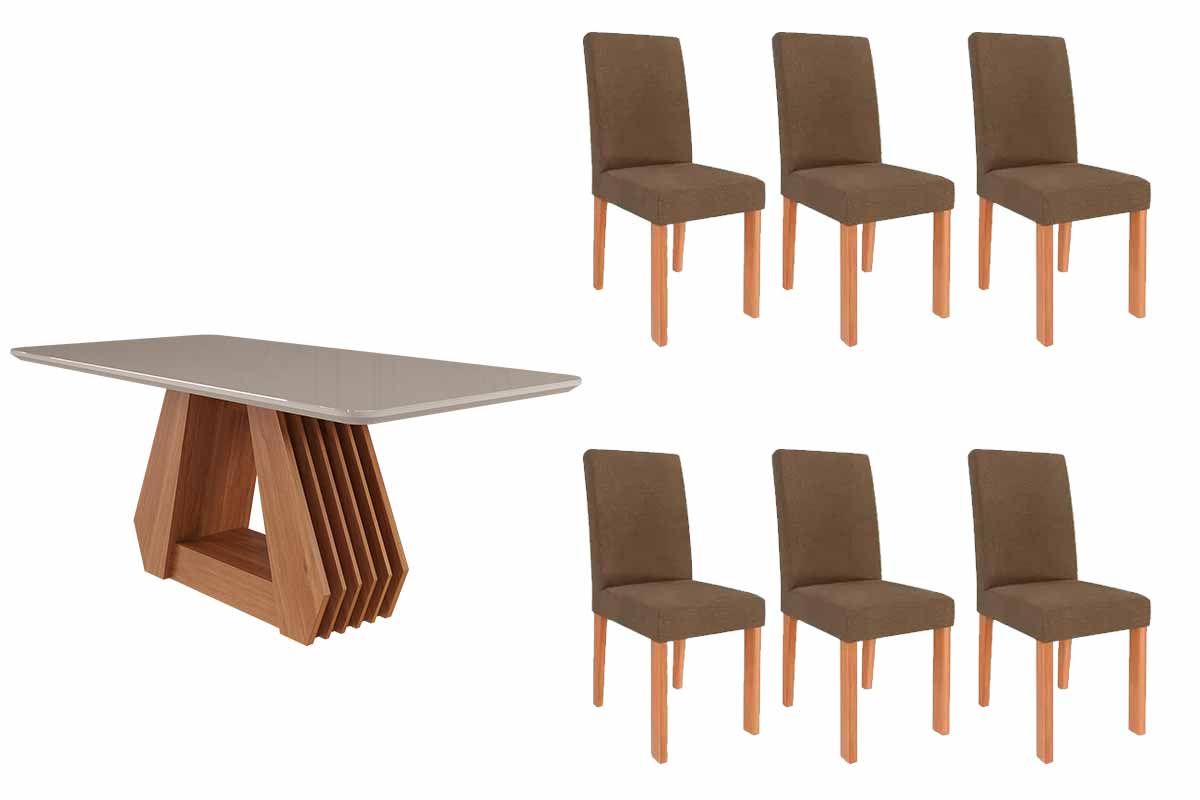 Sala Jantar Mesa Ágata Tampo Madeirado c/ Vidro 180x90cm e 6 Cadeiras Maia - Cimol