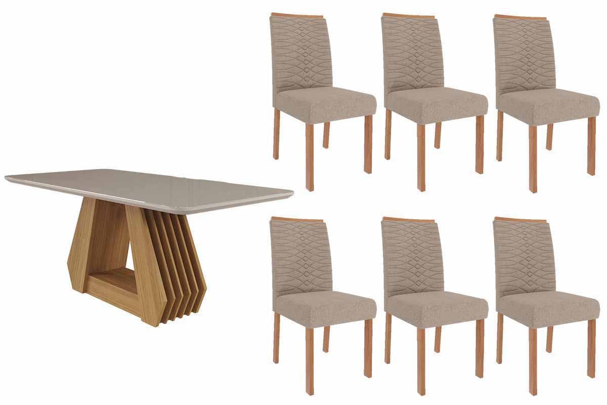 Sala Jantar Mesa Ágata Tampo Madeirado c/ Vidro 180x90cm e 6 Cadeiras Clarice - Cimol