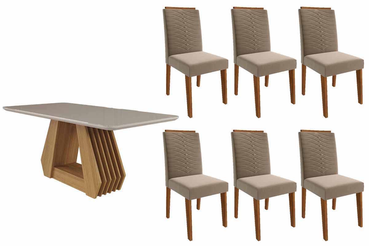 Sala Jantar Mesa Ágata Tampo Madeirado c/ Vidro 180x90cm e 6 Cadeiras Clarice - Cimol