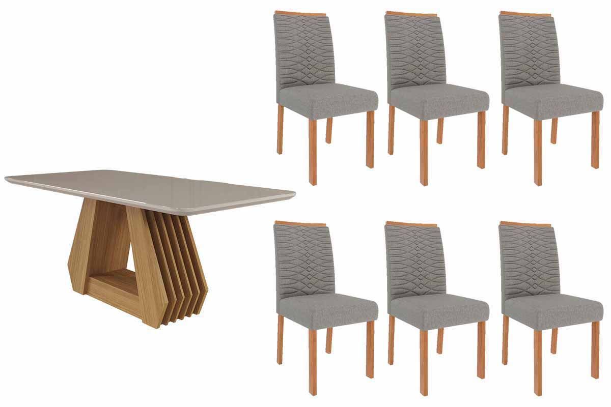 Sala Jantar Mesa Ágata Tampo Madeirado c/ Vidro 180x90cm e 6 Cadeiras Clarice - Cimol