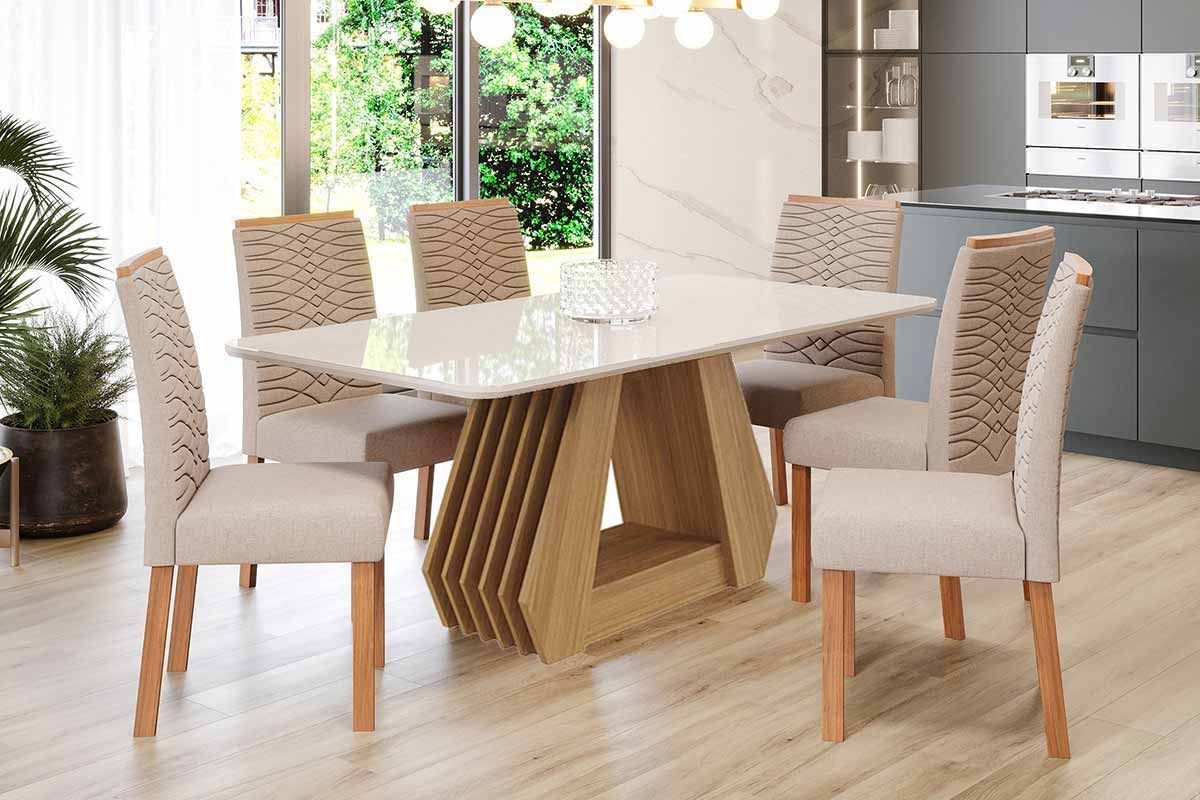 Sala Jantar Mesa Ágata Tampo Madeirado c/ Vidro 180x90cm e 6 Cadeiras Clarice - Cimol