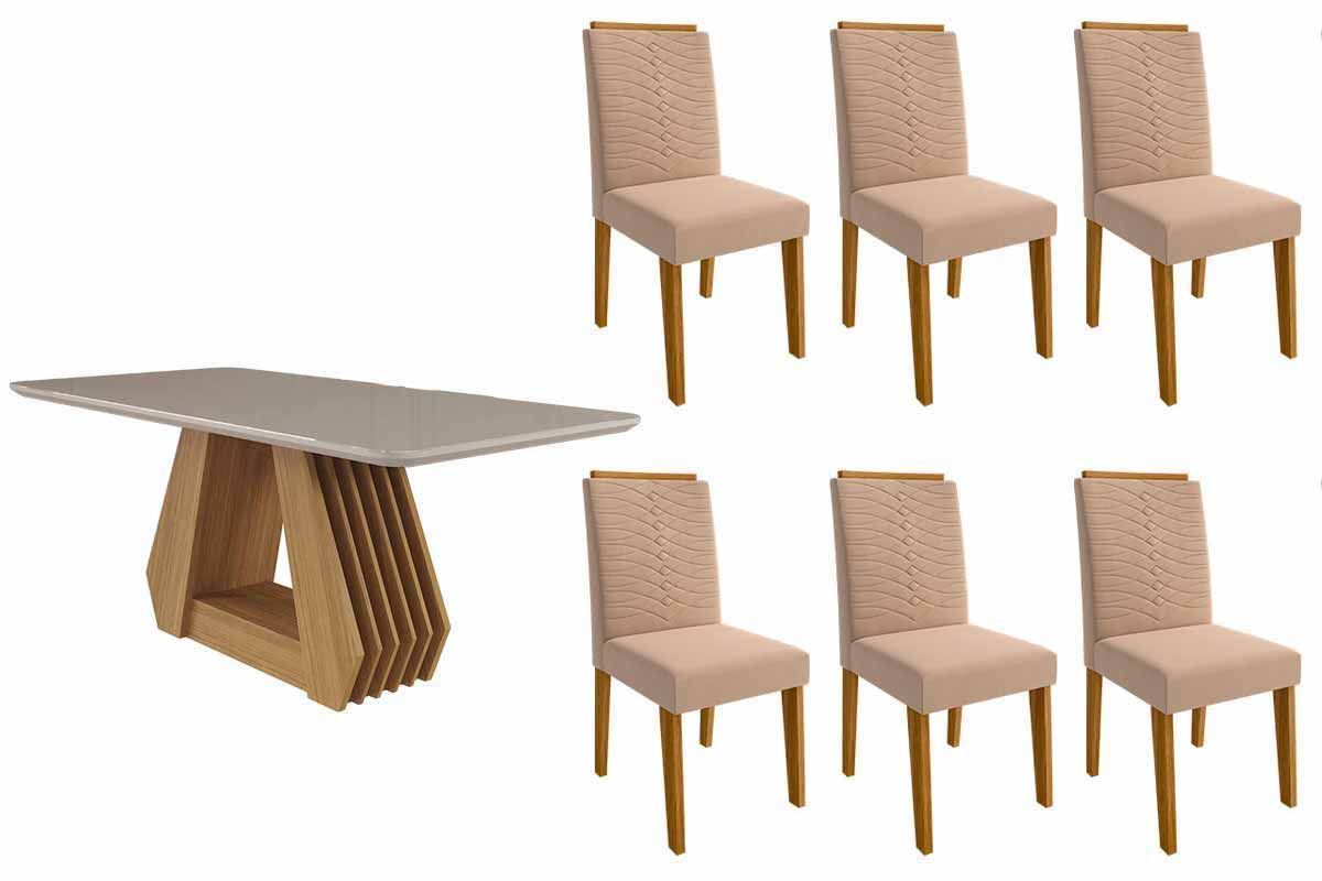 Sala Jantar Mesa Ágata Tampo Madeirado c/ Vidro 180x90cm e 6 Cadeiras Clarice - Cimol