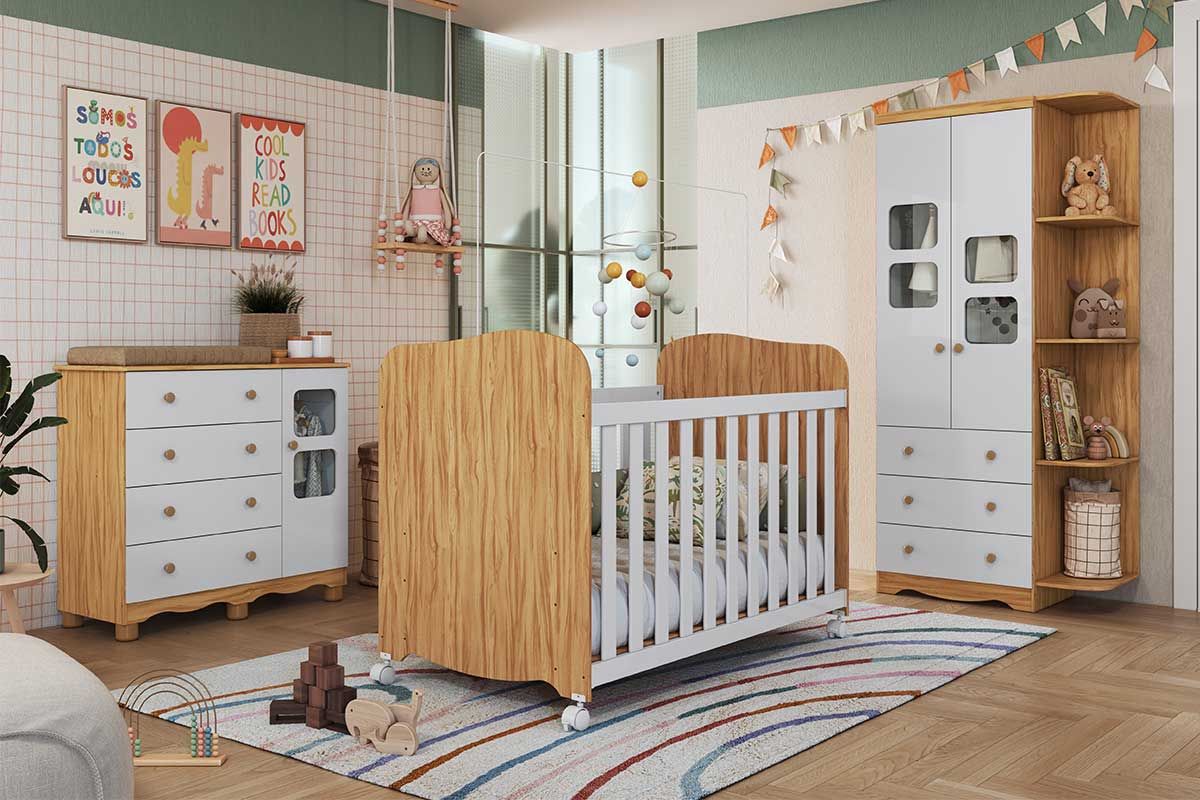 Quarto Infantil Completo Uli 3 Peças (1GuardaRoupa+1Berço+1Cômoda) QI108 Peroba