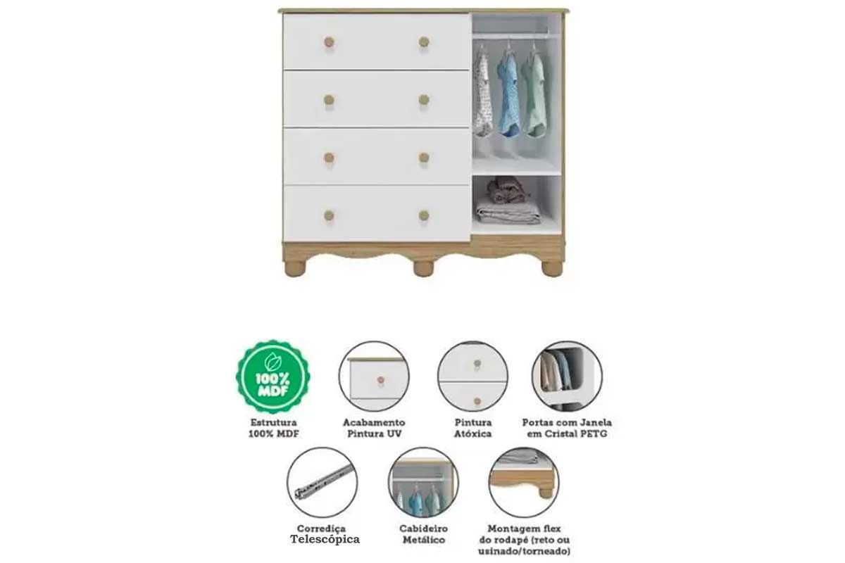 Quarto Infantil Completo Uli 3 Peças (1GuardaRoupa+1Berço+1Cômoda) QI108 Peroba